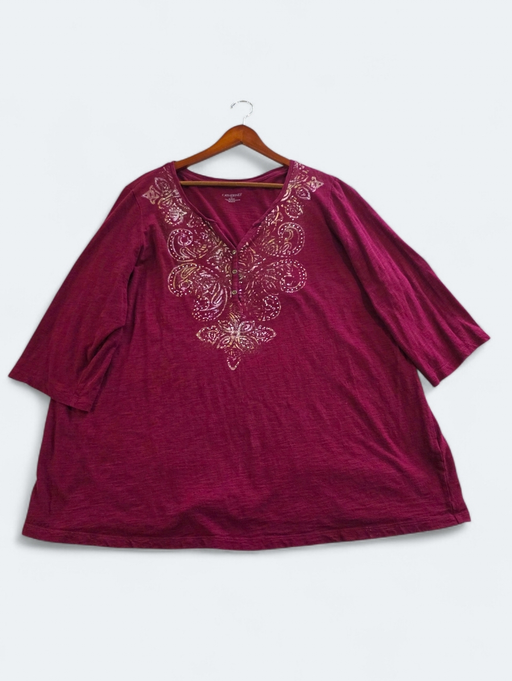 Catherines Plus Size 1X Burgundy Tunic Top | Embellished V-Neck Boho 3/4 Sleeve